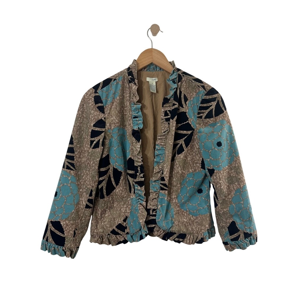 Odille Anthropologie‎ Floral Corduroy Ruffle Open Front Jacket Tan Turquoise 10